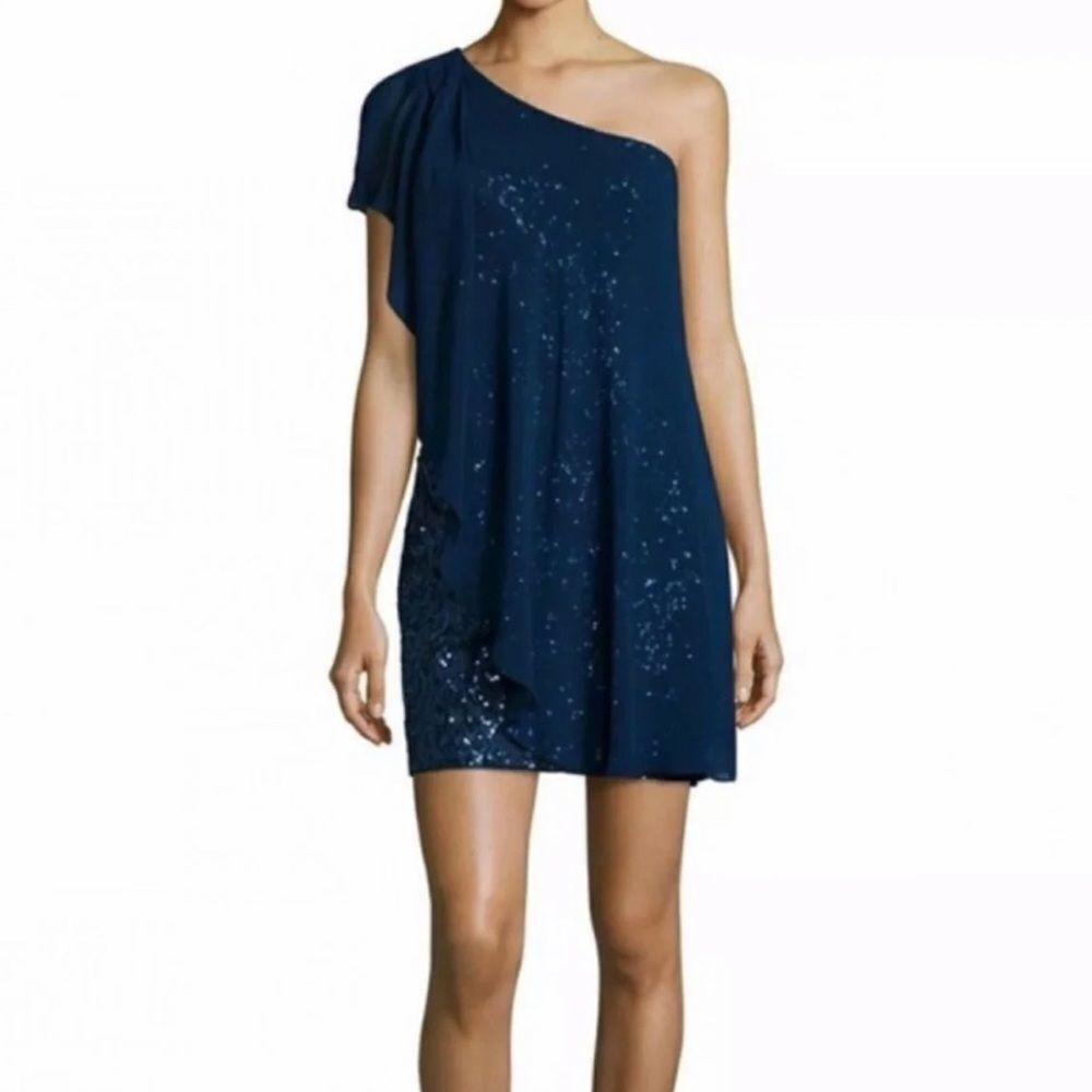 Aidan Mattox Navy Blue One Shoulder Sequin Cocktail Mini Dress 2